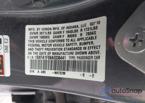 2010 Honda Civic Lx from USA, damaged, VIN 19XFA1F59AE036441